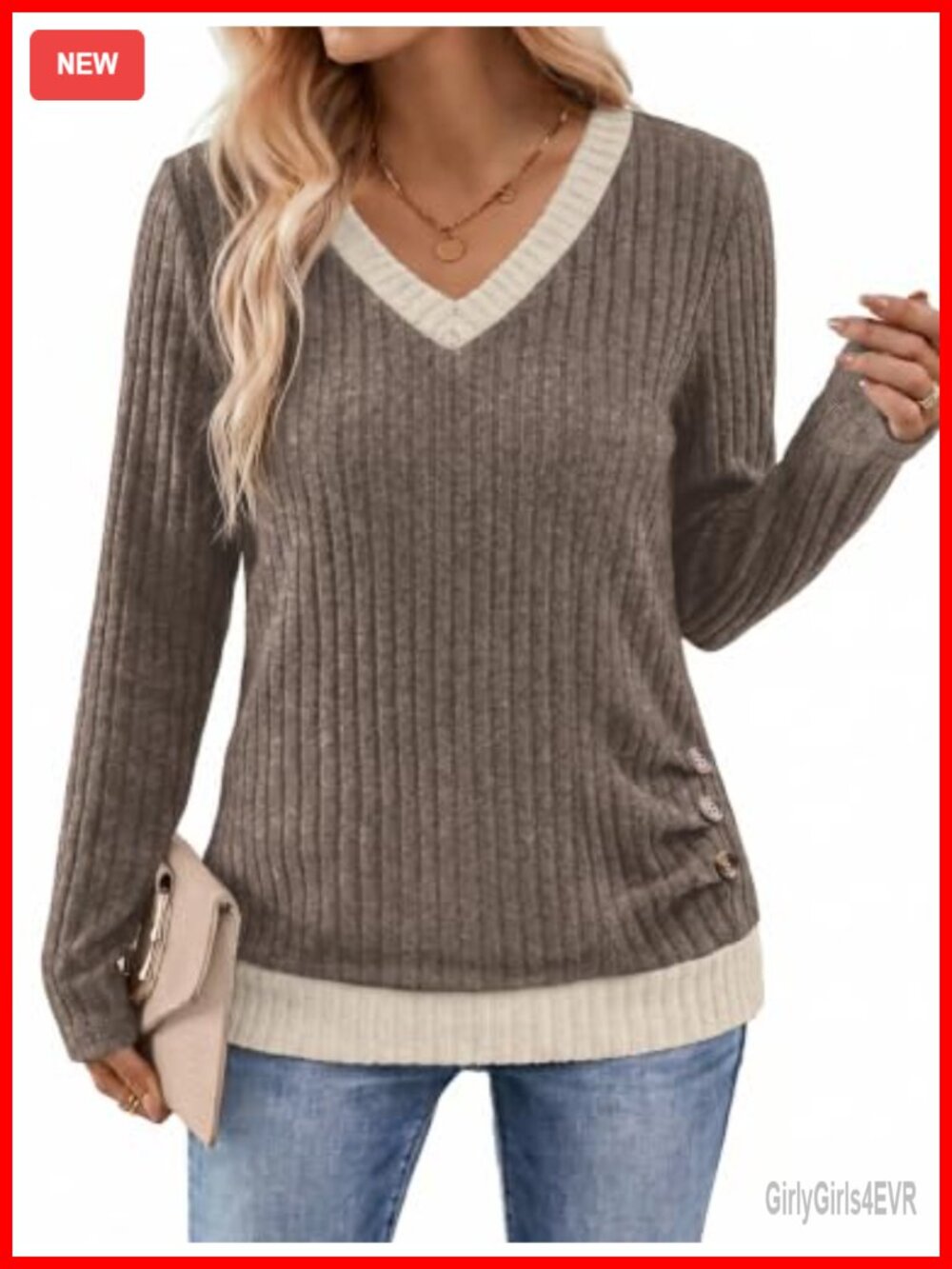 V Neck Long Sleeve Tunic Top Button Side Color Block Lightweight Sweater